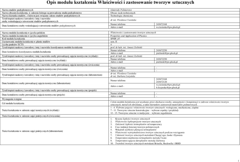 Polimerowe Obszar nauk technicznych Technologia chemiczna dr inż. Wiesława Ciesińska Numer telefonu 243672168 Adres email w.ciesinska@pw.plock.