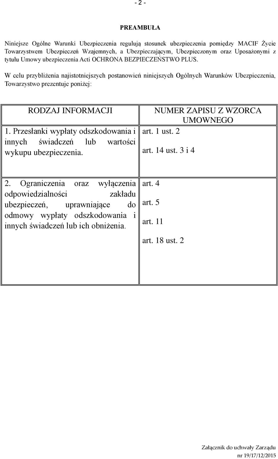 W celu przybliżenia najistotniejszych postanowień niniejszych Ogólnych Warunków Ubezpieczenia, Towarzystwo prezentuje poniżej: RODZAJ INFORMACJI 1.