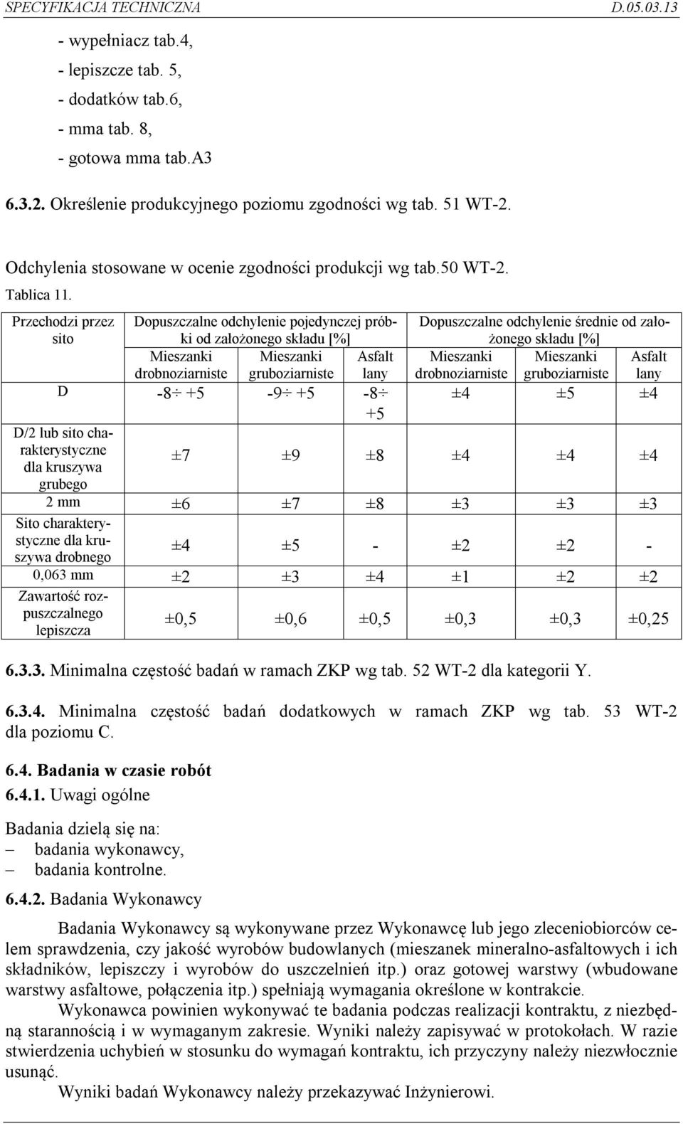 Przechodzi przez sito Dopuszczalne odchylenie pojedynczej próbki od założonego składu [%] Dopuszczalne odchylenie średnie od założonego składu [%] Mieszanki drobnoziarniste Mieszanki gruboziarniste