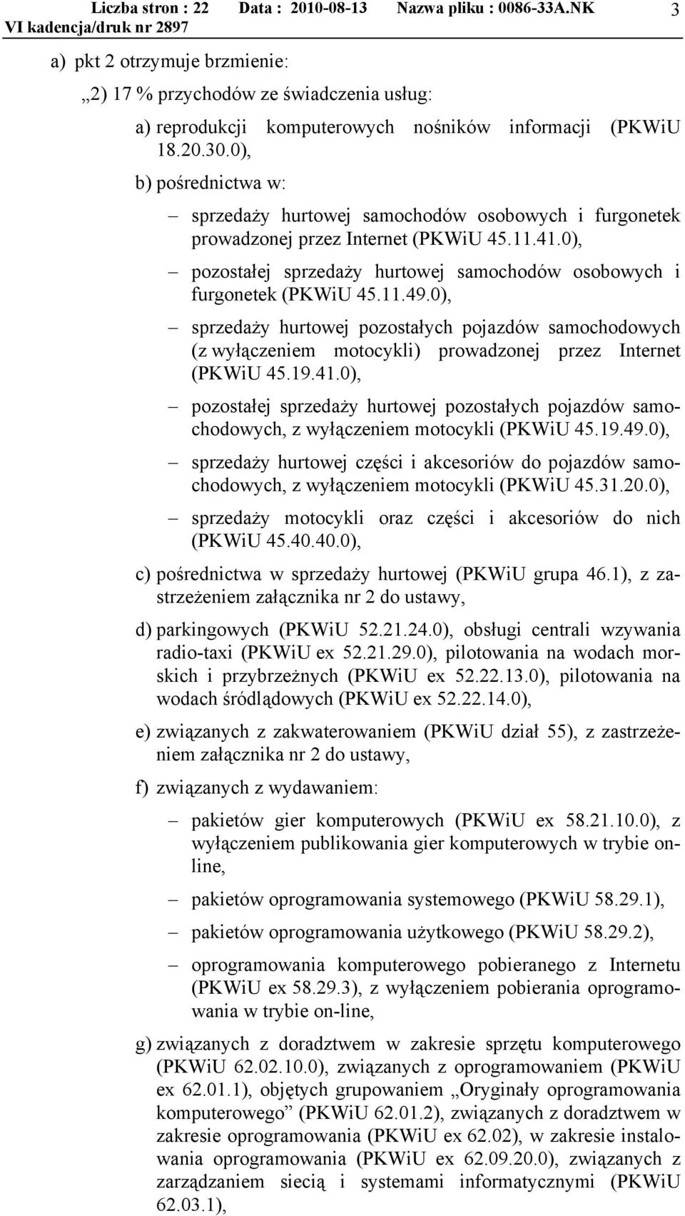 0), sprzedaży hurtowej pozostałych pojazdów samochodowych (z wyłączeniem motocykli) prowadzonej przez Internet (PKWiU 45.19.41.