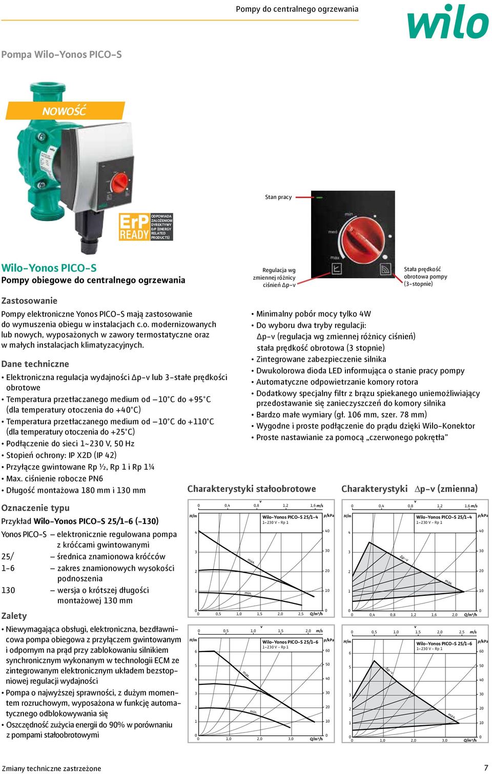 Elektroniczna regulacja wydajności Δp- lub -stałe prędkości obrotowe Temperatura przetłaczanego medium od C do +9 C (dla temperatury otoczenia do + C) Temperatura przetłaczanego medium od C do + C