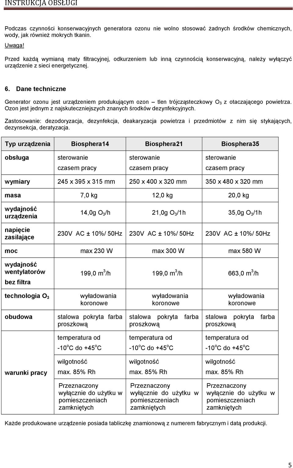 Dane techniczne Generator ozonu jest urządzeniem produkującym ozon tlen trójcząsteczkowy O 3 z otaczającego powietrza. Ozon jest jednym z najskuteczniejszych znanych środków dezynfekcyjnych.