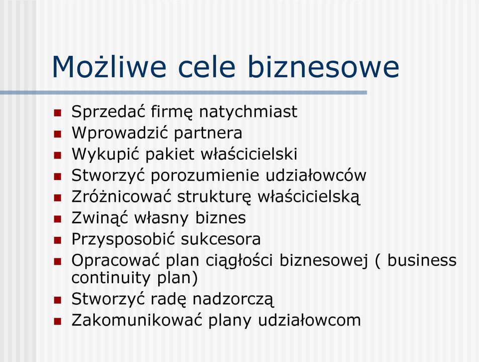 właścicielską Zwinąć własny biznes Przysposobić sukcesora Opracować plan ciągłości