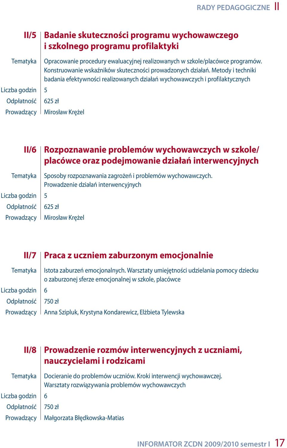 Metody i techniki badania efektywności realizowanych działań wychowawczych i profilaktycznych 625 zł Mirosław Krężel II/6 Rozpoznawanie problemów wychowawczych w szkole/ placówce oraz podejmowanie