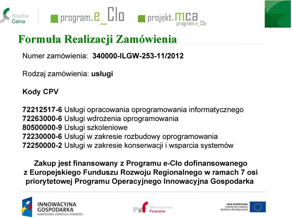 w zakresie rozbudowy oprogramowania 72250000-2 Usługi w zakresie konserwacji i wsparcia systemów Zakup jest finansowany z Programu