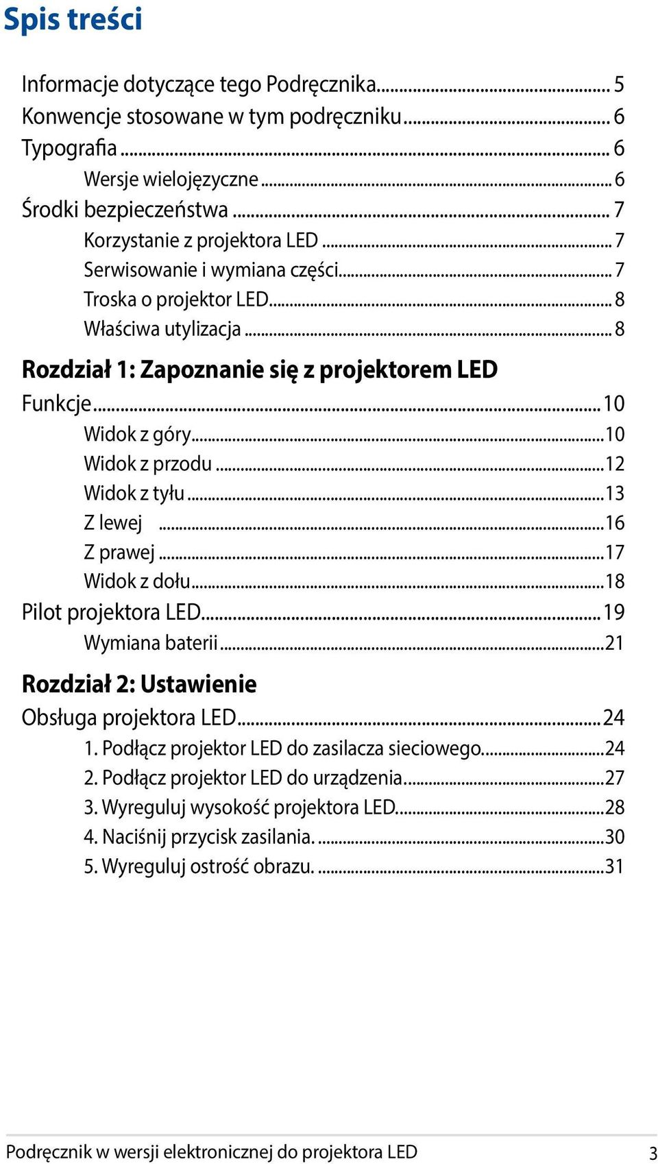 ..13 Z lewej...16 Z prawej...17 Widok z dołu...18 Pilot projektora LED...19 Wymiana baterii...21 Rozdział 2: Ustawienie Obsługa projektora LED...24 1. Podłącz projektor LED do zasilacza sieciowego.