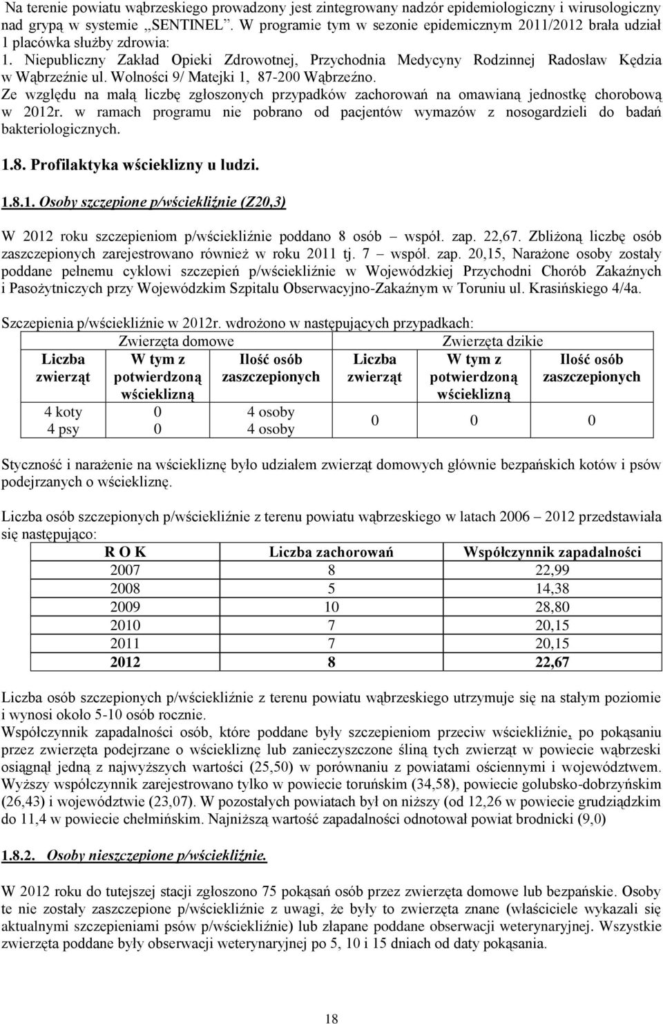 Wolności 9/ Matejki 1, 87-200 Wąbrzeźno. Ze względu na małą liczbę zgłoszonych przypadków zachorowań na omawianą jednostkę chorobową w 2012r.