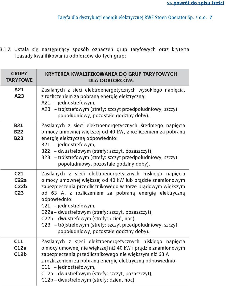 KWALIFIKOWANIA DO GRUP TARYFOWYCH DLA ODBIORCÓW: Zasilanych z sieci elektroenergetycznych wysokiego napięcia, z rozliczeniem za pobraną energię elektryczną: A21 jednostrefowym, A23 trójstrefowym