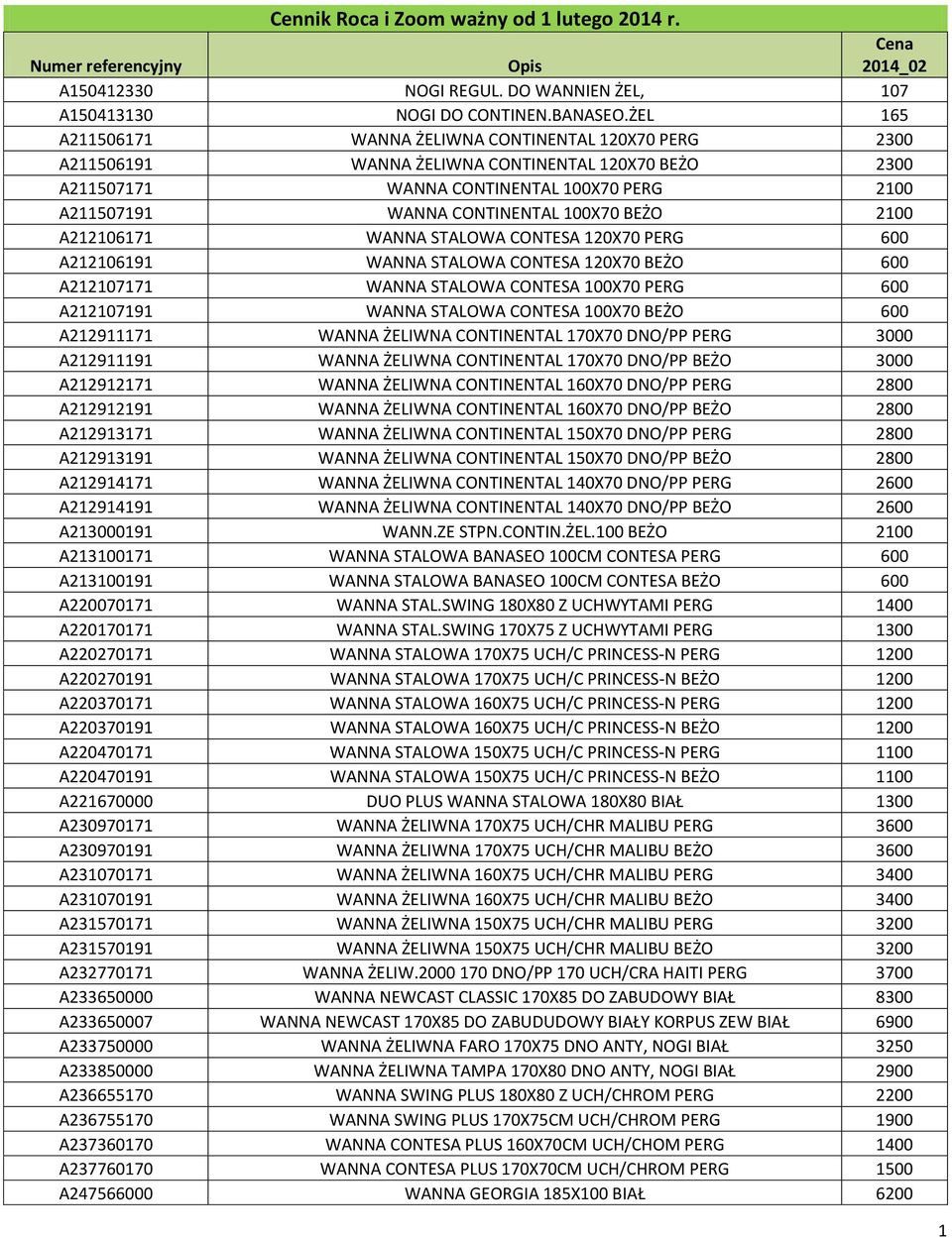 BEŻO 2100 A212106171 WANNA STALOWA CONTESA 120X70 PERG 600 A212106191 WANNA STALOWA CONTESA 120X70 BEŻO 600 A212107171 WANNA STALOWA CONTESA 100X70 PERG 600 A212107191 WANNA STALOWA CONTESA 100X70