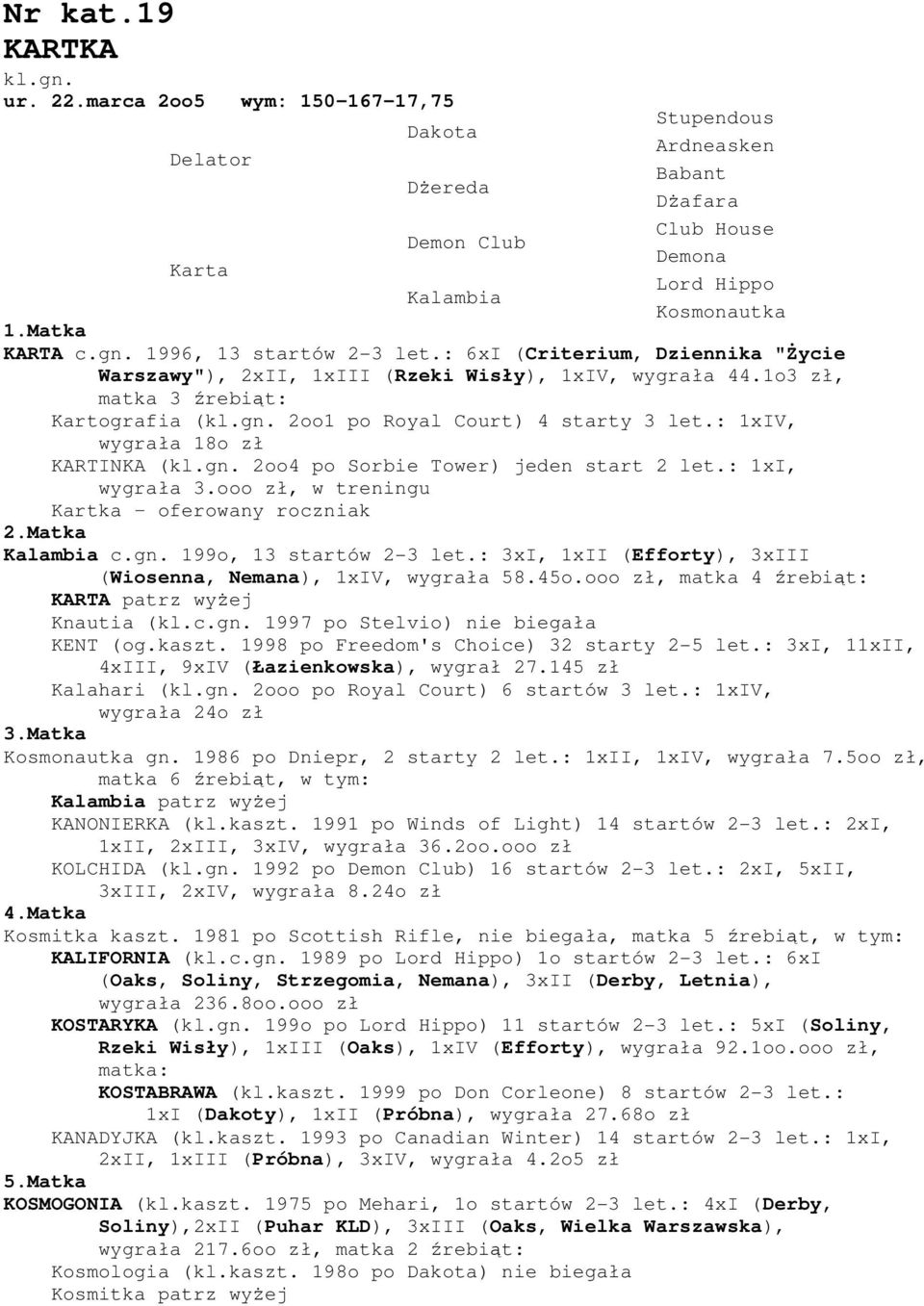 : 1xIV, wygrała 18o zł KARTINKA (kl.gn. 2oo4 po Sorbie Tower) jeden start 2 let.: 1xI, wygrała 3.ooo zł, w treningu Kartka oferowany roczniak Kalambia c.gn. 199o, 13 startów 2-3 let.