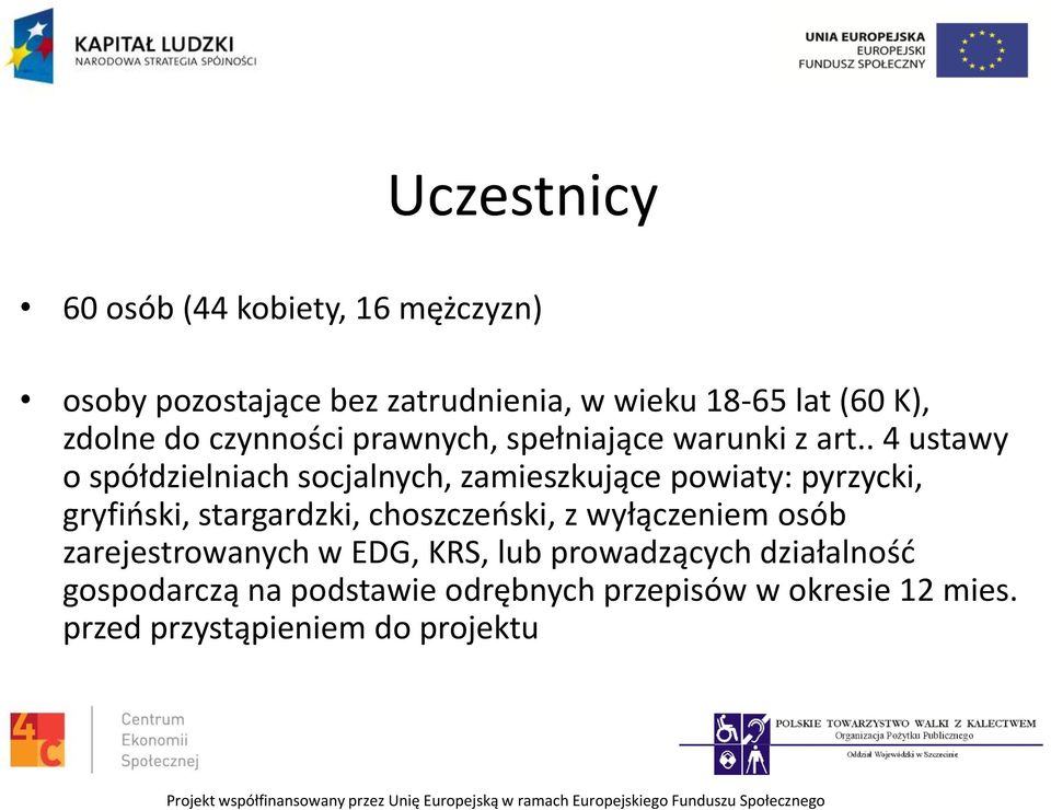 . 4 ustawy o spółdzielniach socjalnych, zamieszkujące powiaty: pyrzycki, gryfiński, stargardzki, choszczeński,