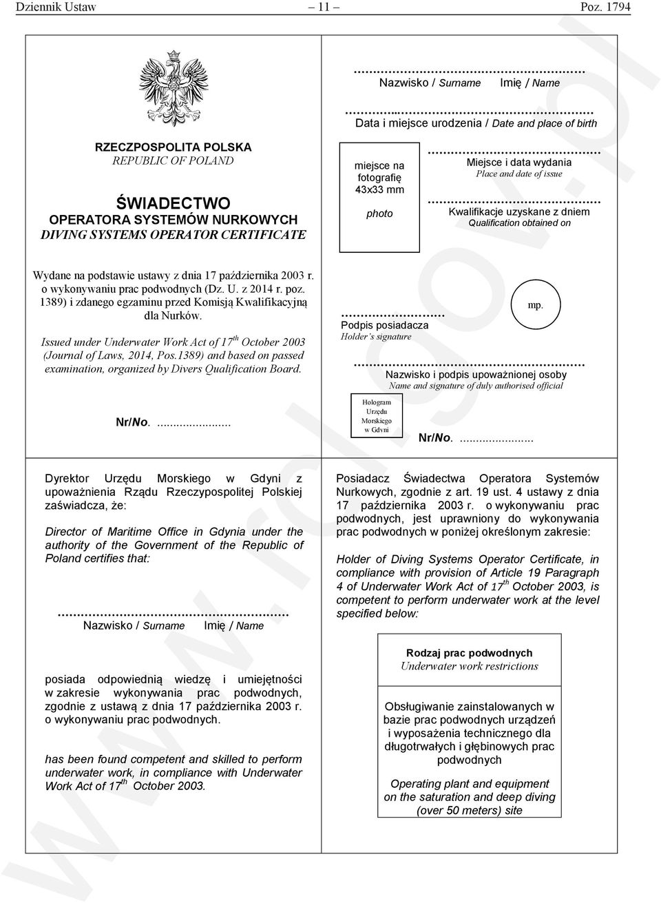 mm photo Miejsce i data wydania Place and date of issue Kwalifikacje uzyskane z dniem Qualification obtained on Wydane na podstawie ustawy z dnia 17 października 2003 r.