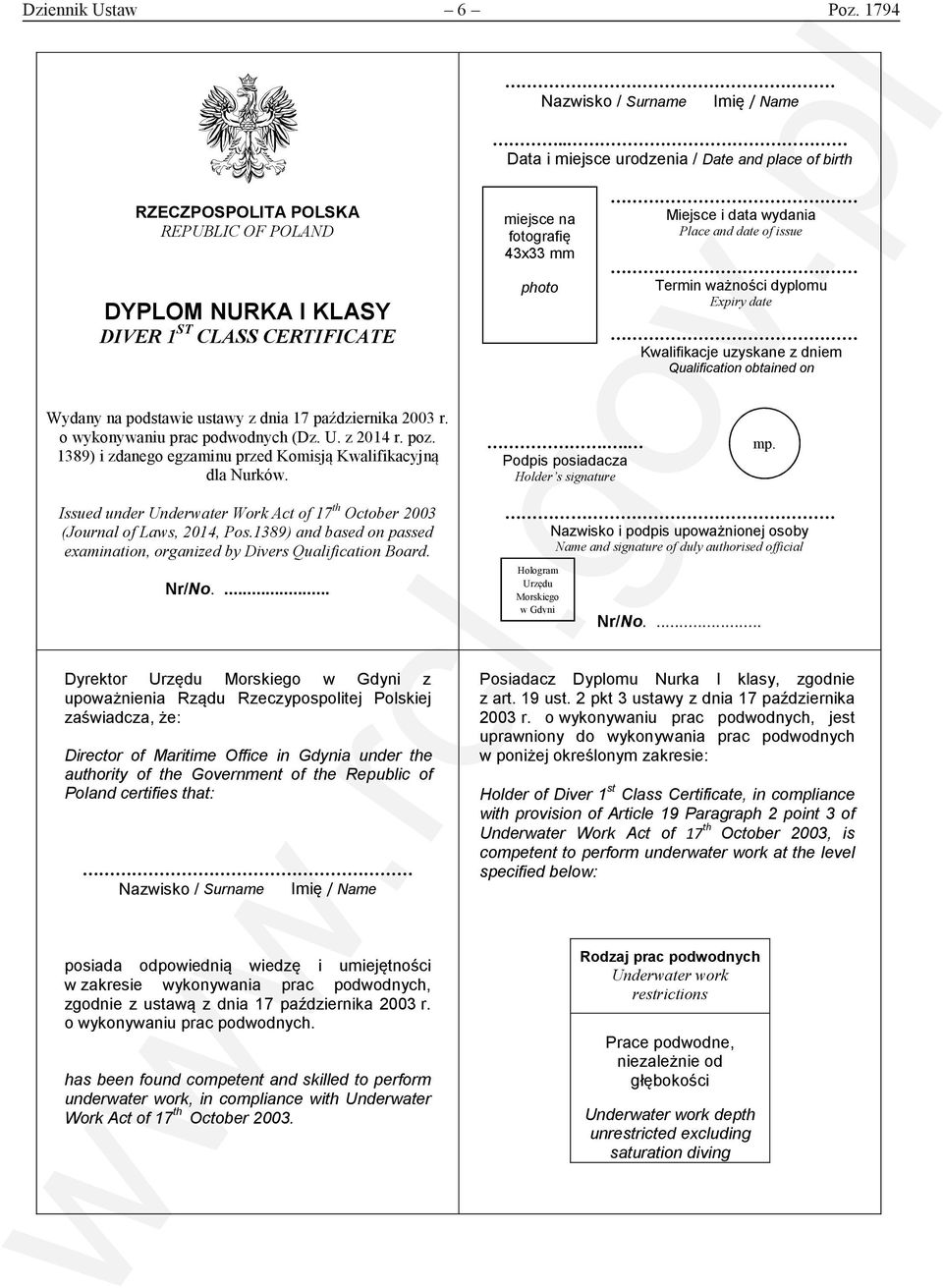 wydania Place and date of issue Termin ważności dyplomu Expiry date Kwalifikacje uzyskane z dniem Qualification obtained on Wydany na podstawie ustawy z dnia 17 października 2003 r.
