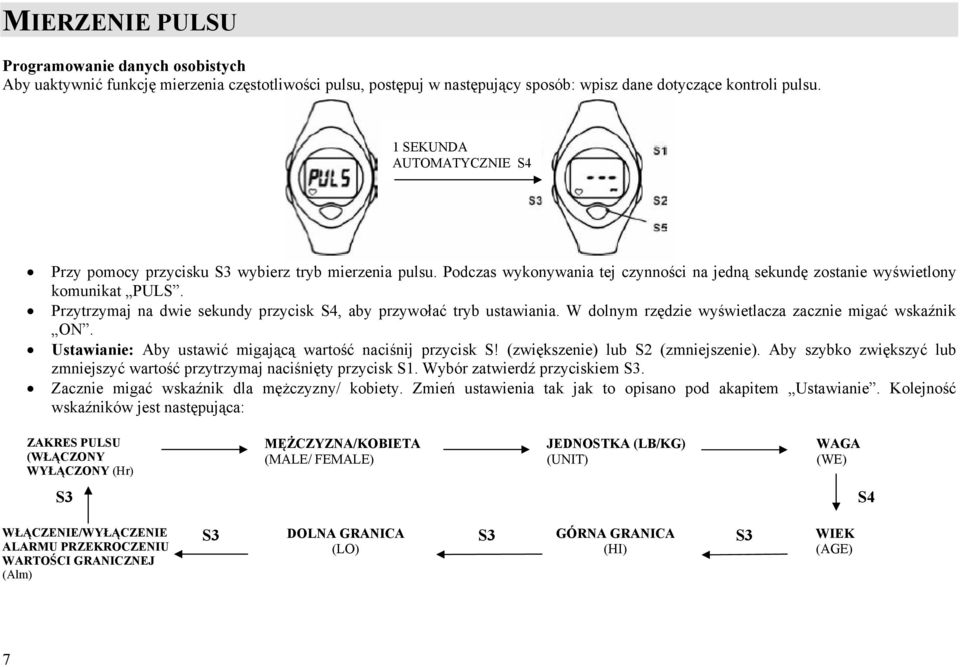 Przytrzymaj na dwie sekundy przycisk S4, aby przywołać tryb ustawiania. W dolnym rzędzie wyświetlacza zacznie migać wskaźnik ON. Ustawianie: Aby ustawić migającą wartość naciśnij przycisk S!