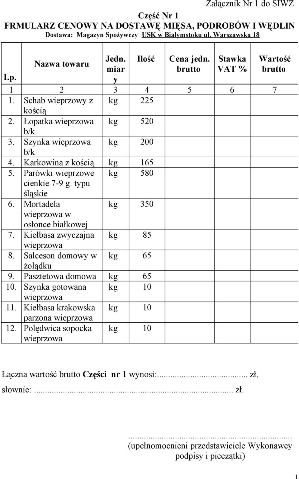 typu śląskie kg 580 6. Mortadela wieprzowa w kg 350 osłonce białkowej 7. Kiełbasa zwyczajna kg 85 wieprzowa 8. Salceson domowy w kg 65 żołądku 9. Pasztetowa domowa kg 65 10.