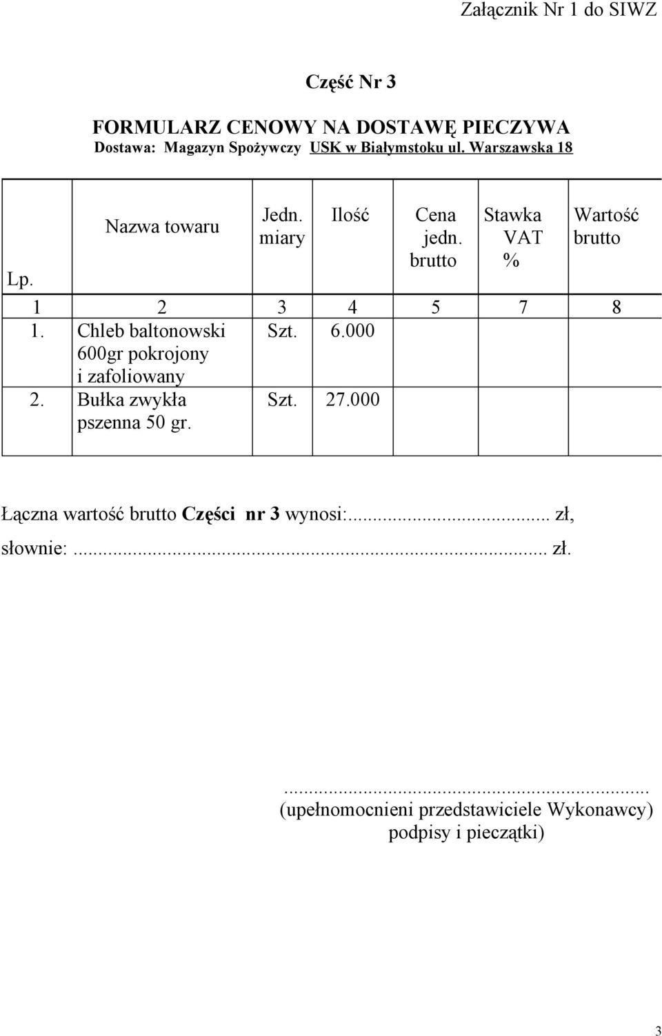 VAT 1. Chleb baltonowski Szt. 6.000 600gr pokrojony i zafoliowany 2.