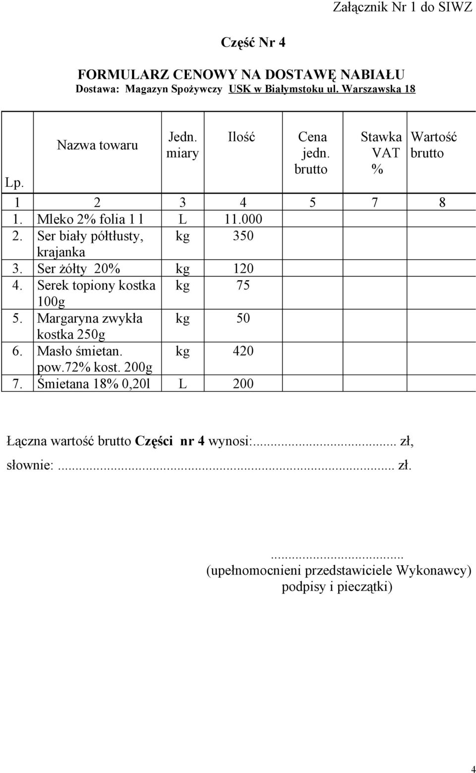 Ser biały półtłusty, kg 350 krajanka 3. Ser żółty 20 kg 120 4. Serek topiony kostka kg 75 100g 5.