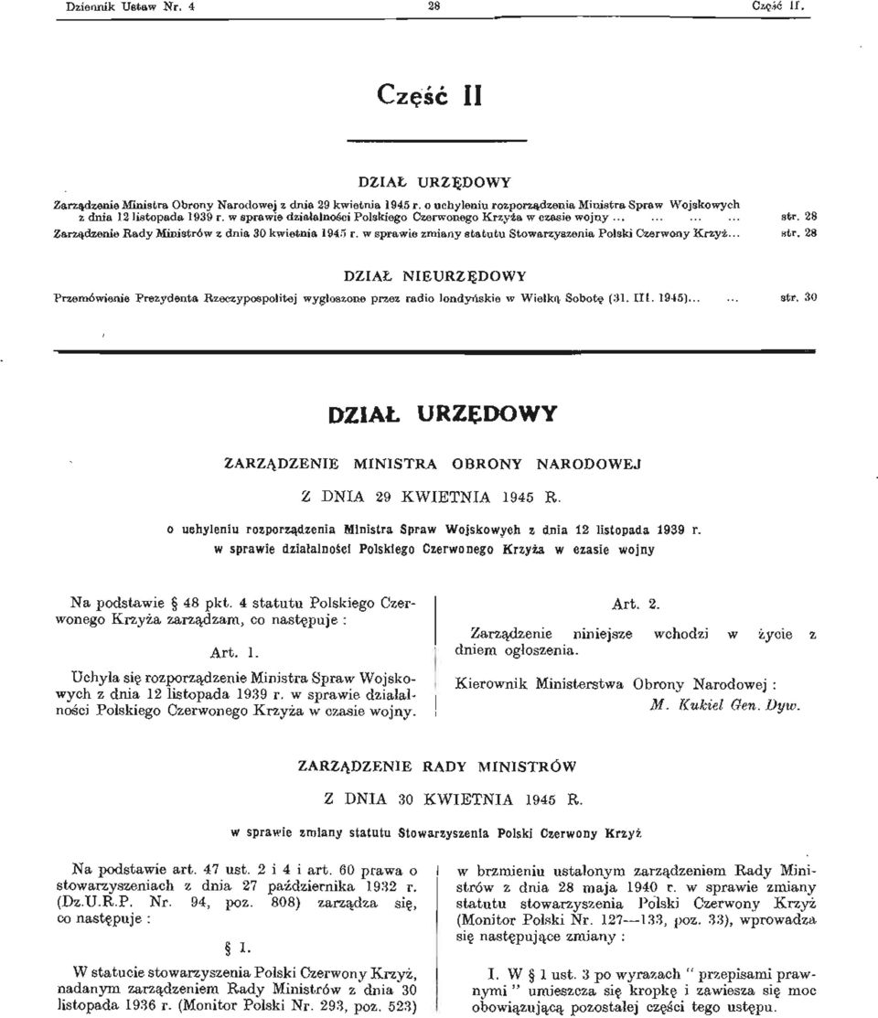 28 Zarządzenie Rady Ministrów z dnia 30 kwietnia 1945 r. w sprawie zmiany statutu Stowarzyszenia Polski Czerwony Krzyż... str.