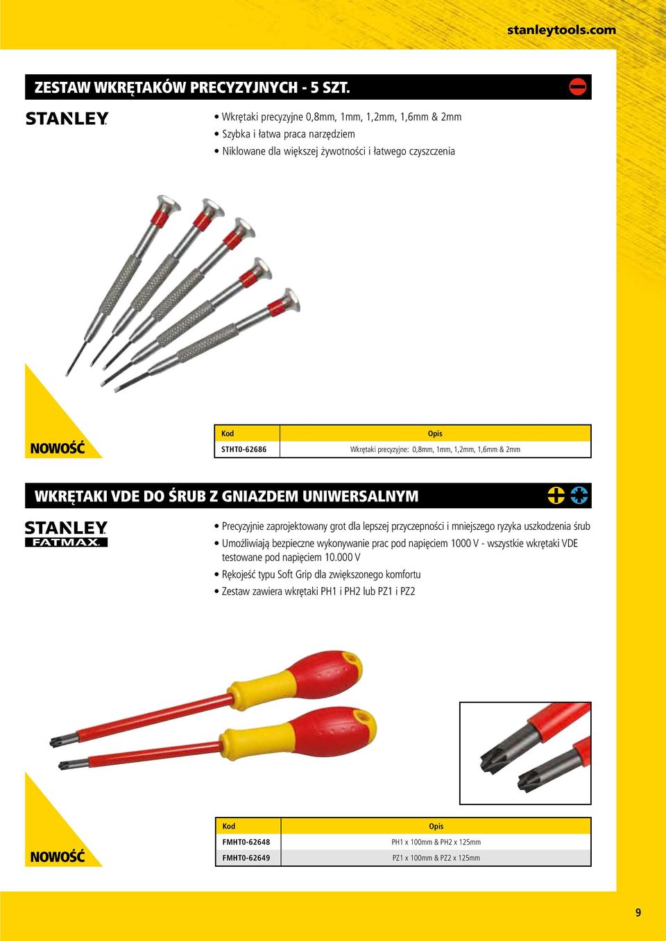 precyzyjne: 0,8mm, 1mm, 1,2mm, 1,6mm & 2mm WKRĘTAKI VDE DO ŚRUB Z GNIAZDEM UNIWERSALNYM Precyzyjnie zaprojektowany grot dla lepszej przyczepności i mniejszego ryzyka