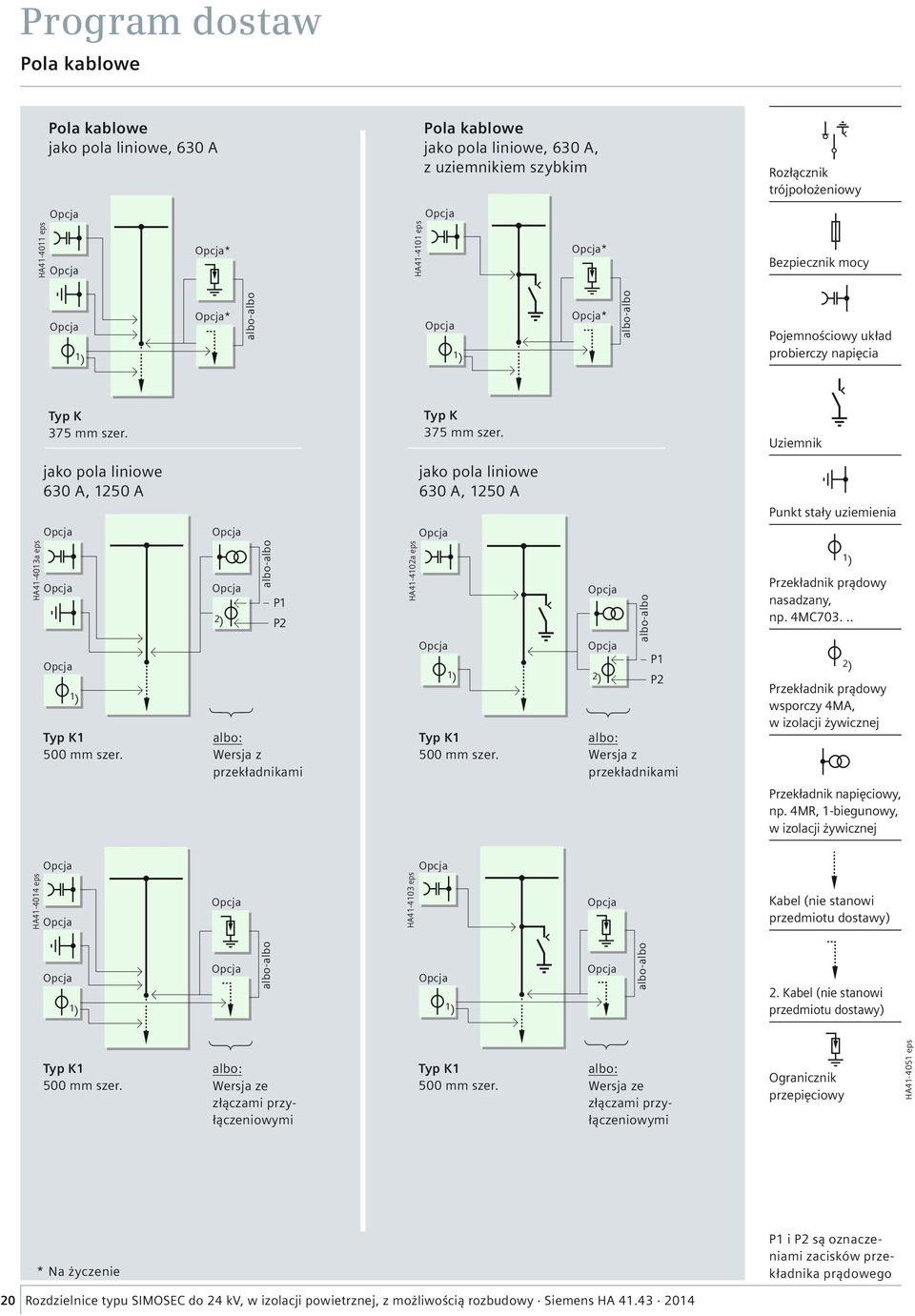 Typ K 375 mm szer. Uziemnik jako pola liniowe 630 A, 1250 A jako pola liniowe 630 A, 1250 A Punkt stały uziemienia HA41-4013a eps 1 ) Typ K1 500 mm szer.