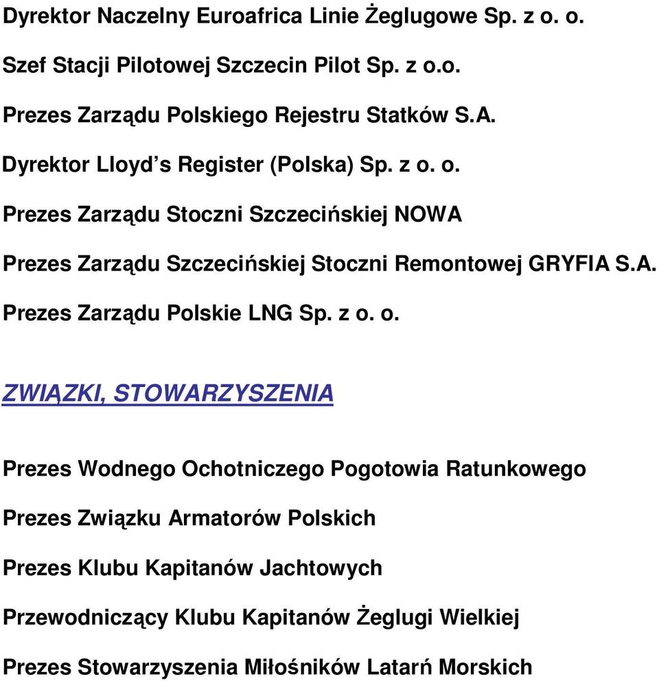 o. Prezes Zarządu Stoczni Szczecińskiej NOWA Prezes Zarządu Szczecińskiej Stoczni Remontowej GRYFIA S.A. Prezes Zarządu Polskie LNG Sp. z o.