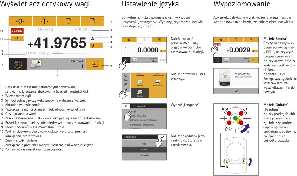 0 9 8 Lista obsługi z aktualnie dostępnymi przyciskami: zerowanie, tarowanie, drukowanie (wydruk), protokół GLP Wiersz metrologii Symbol ostrzegawczy wskazujący na wyliczone wartości Aktualna wartość