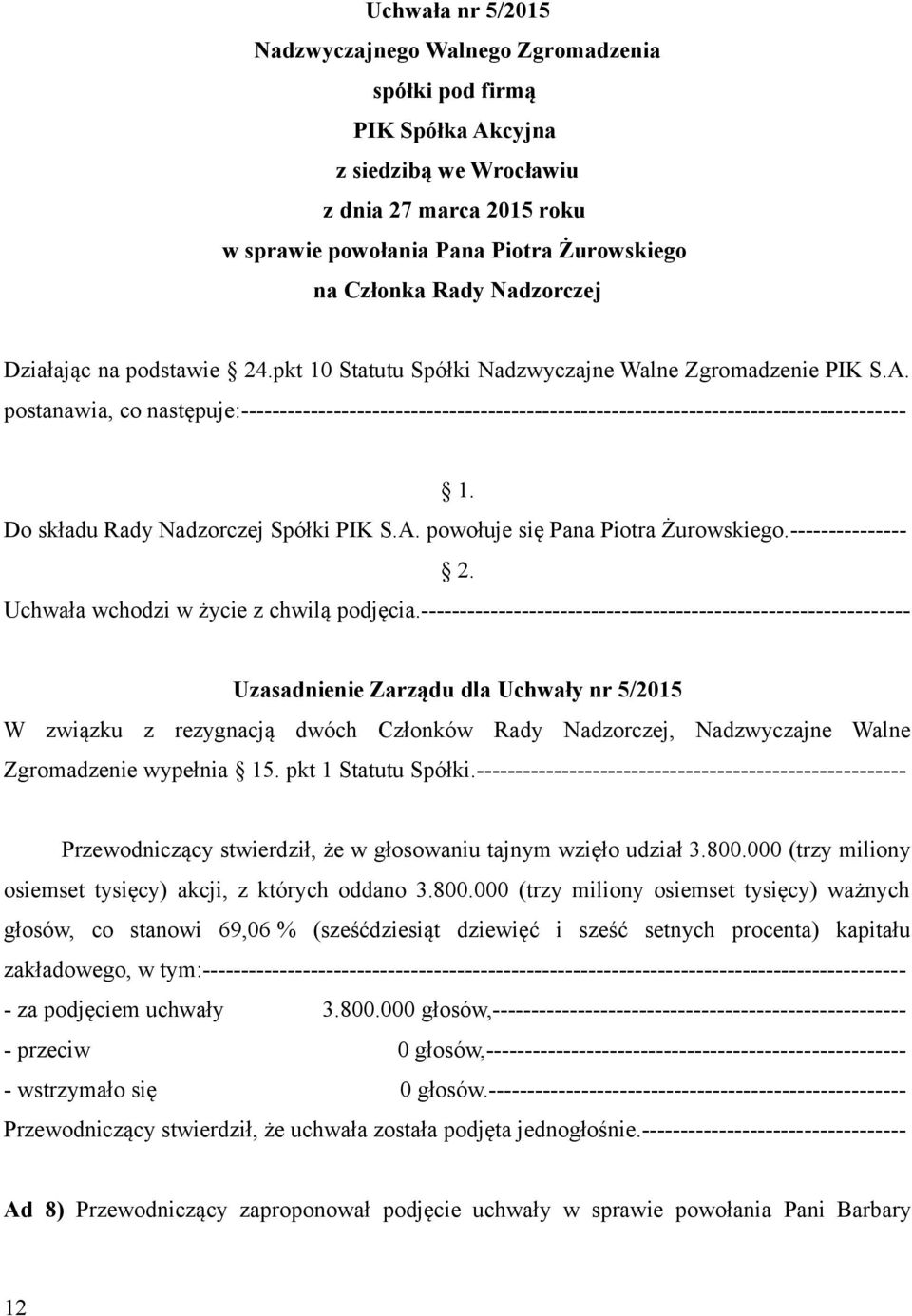 postanawia, co następuje:-------------------------------------------------------------------------------------- 1. Do składu Rady Nadzorczej Spółki PIK S.A. powołuje się Pana Piotra Żurowskiego.