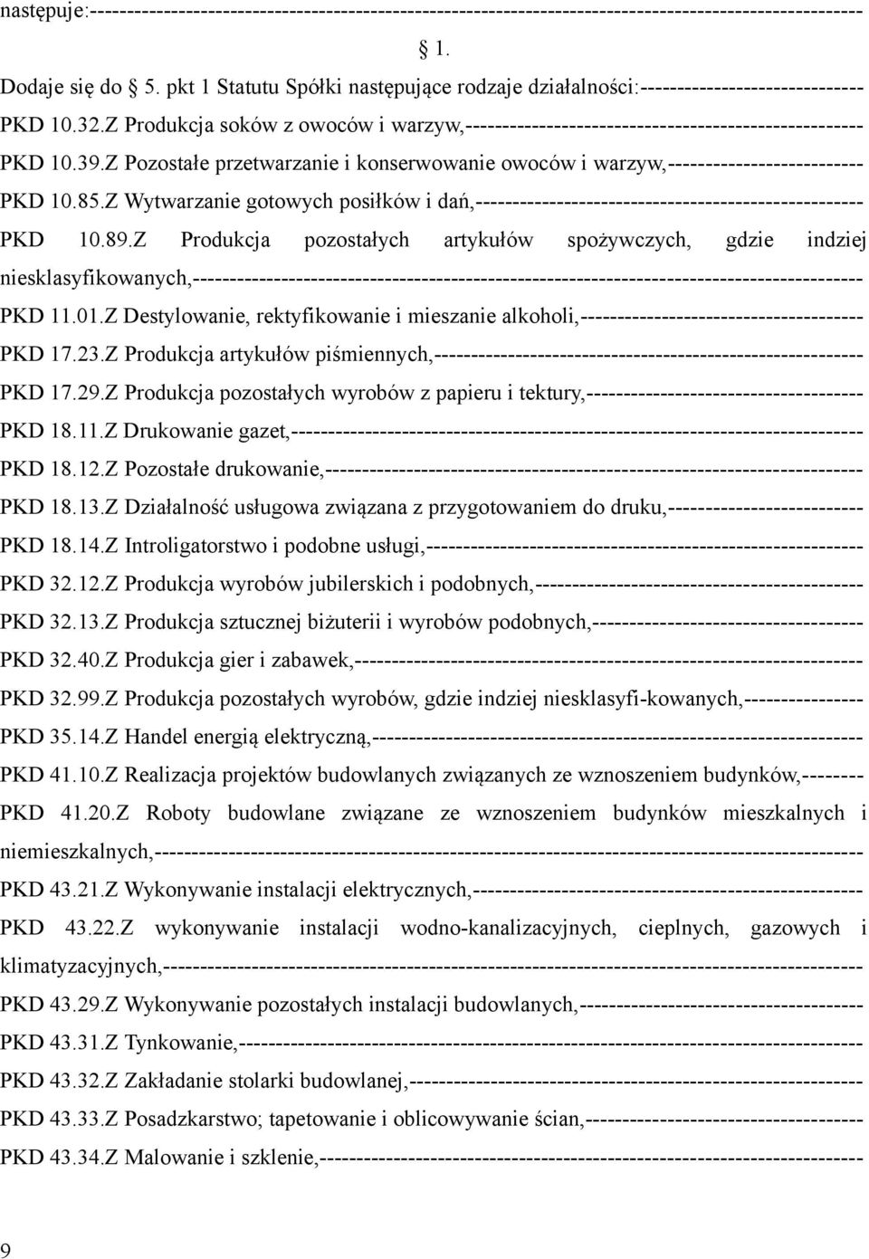 Z Pozostałe przetwarzanie i konserwowanie owoców i warzyw,-------------------------- PKD 10.85.Z Wytwarzanie gotowych posiłków i dań,---------------------------------------------------- PKD 10.89.