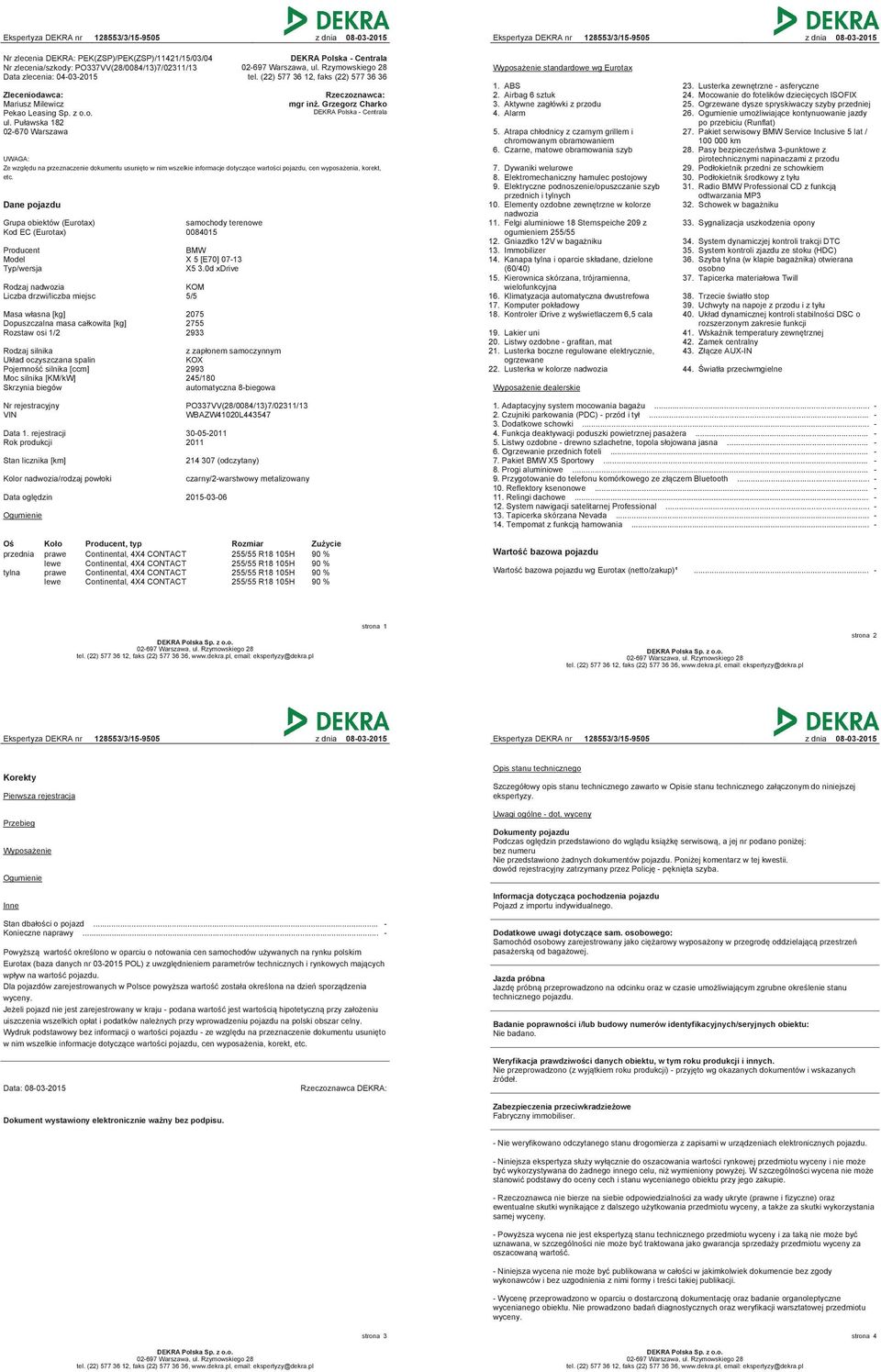 Grzegorz Charko DEKRA Polska - Centrala Ze względu na przeznaczenie dokumentu usunięto w nim wszelkie informacje dotyczące wartości pojazdu, cen wyposażenia, korekt, etc.