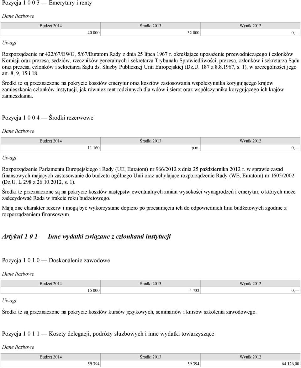 członków i sekretarza Sądu ds. Służby Publicznej Unii Europejskiej (Dz.U. 187 z 8.8.1967, s. 1), w szczególności jego art. 8, 9, 15 i 18.