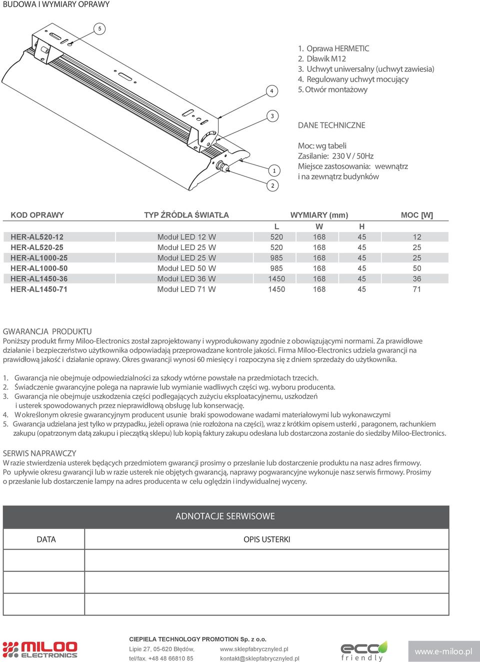 Moduł ED 12 W 520 168 45 12 HER-A520-25 Moduł ED 25 W 520 168 45 25 HER-A1000-25 Moduł ED 25 W 985 168 45 25 HER-A1000-50 Moduł ED 50 W 985 168 45 50 HER-A1450-36 Moduł ED 36 W 1450 168 45 36