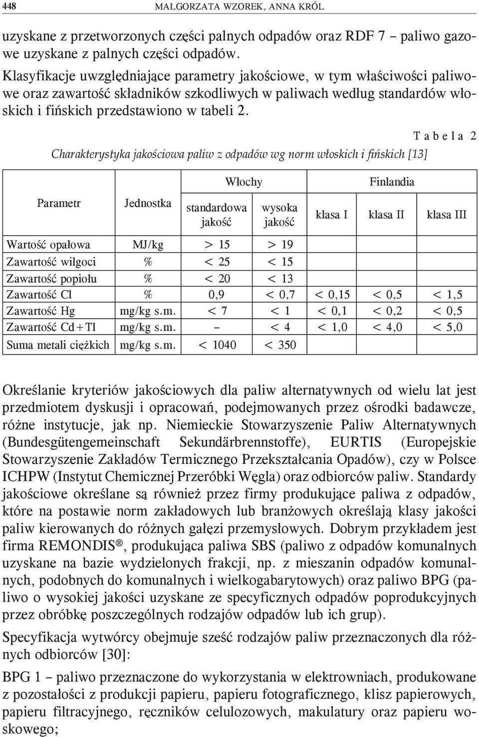 Charakterystyka jakościowa paliw z odpadów wg norm włoskich i fińskich [13] T a b e l a 2 Włochy Finlandia Parametr Jednostka standardowa jakość wysoka jakość klasa I klasa II klasa III Wartość