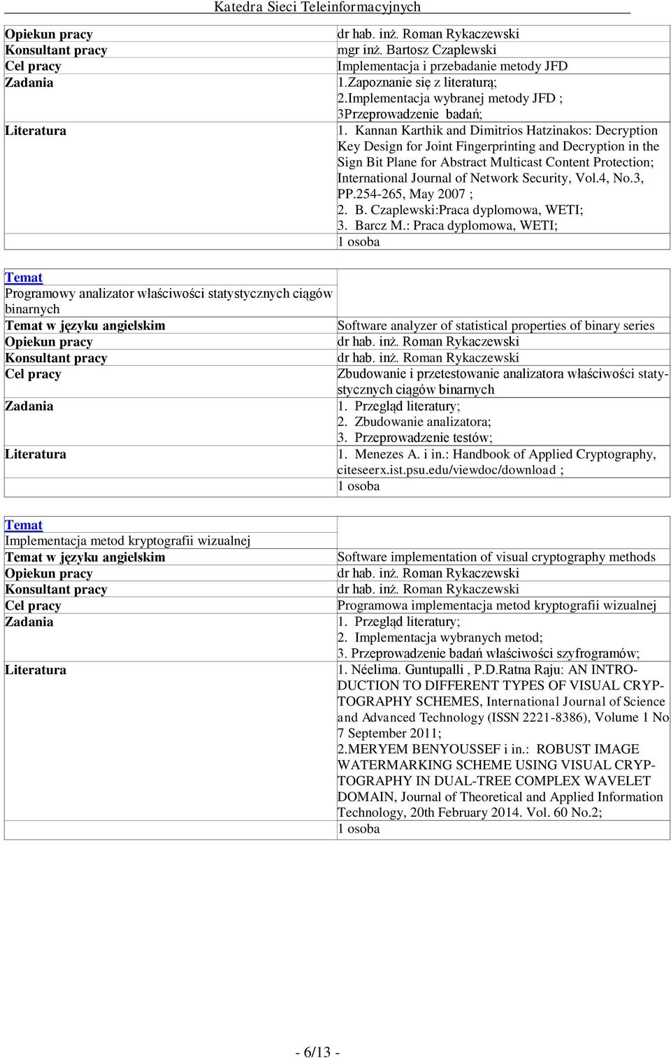 Network Security, Vol.4, No.3, PP.254-265, May 2007 ; 2. B. Czaplewski:Praca dyplomowa, WETI; 3. Barcz M.