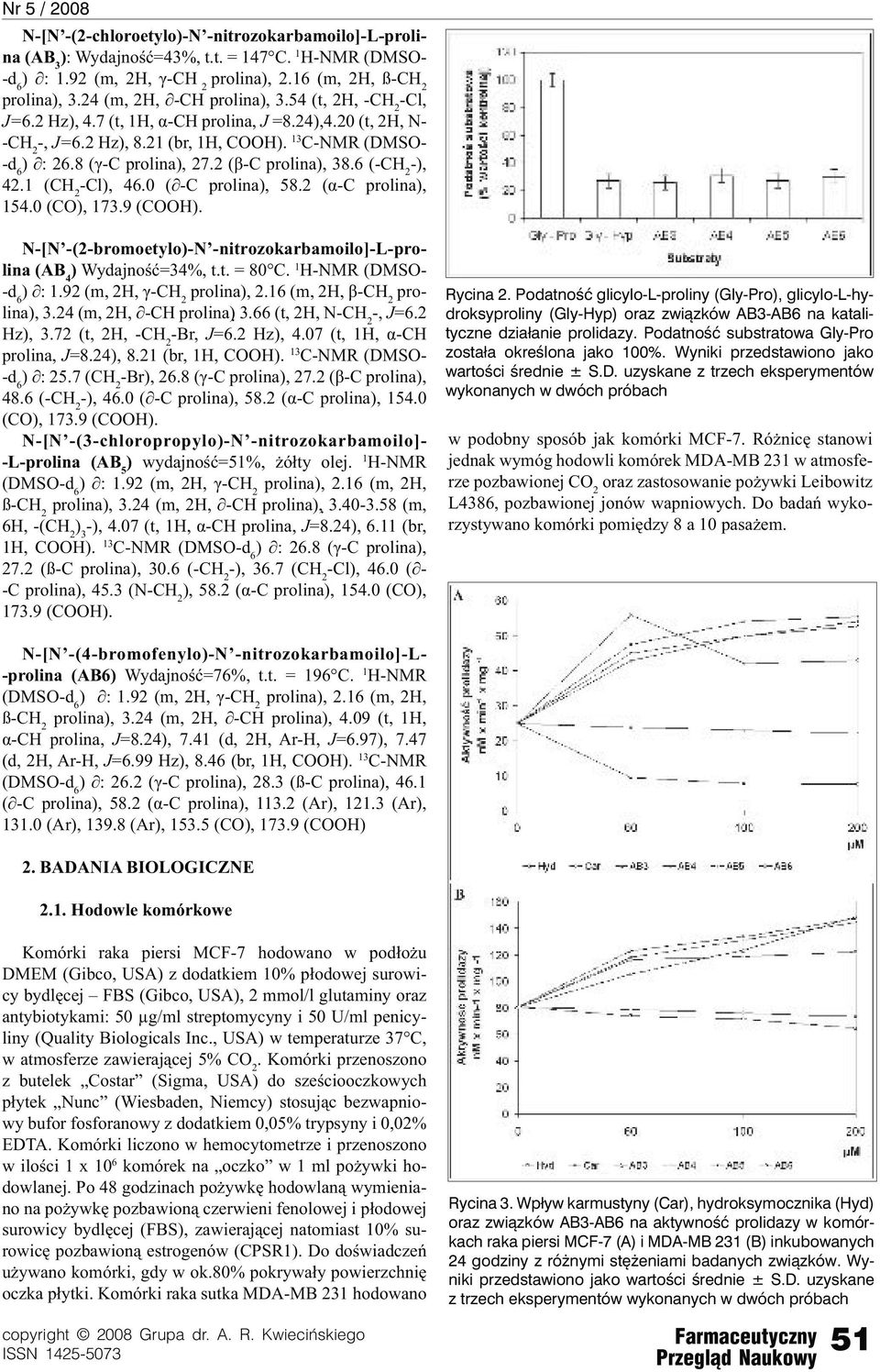 6 (-CH 2 -), 42.1 (CH 2 -Cl), 46.0 ( -C prolina), 58.2 (α-c prolina), 154.0 (CO), 173.9 (COOH). N-[N -(2-bromoetylo)-N -nitrozokarbamoilo]-l-prolina (AB 4 ) Wydajność=34%, t.t. = 80 C.