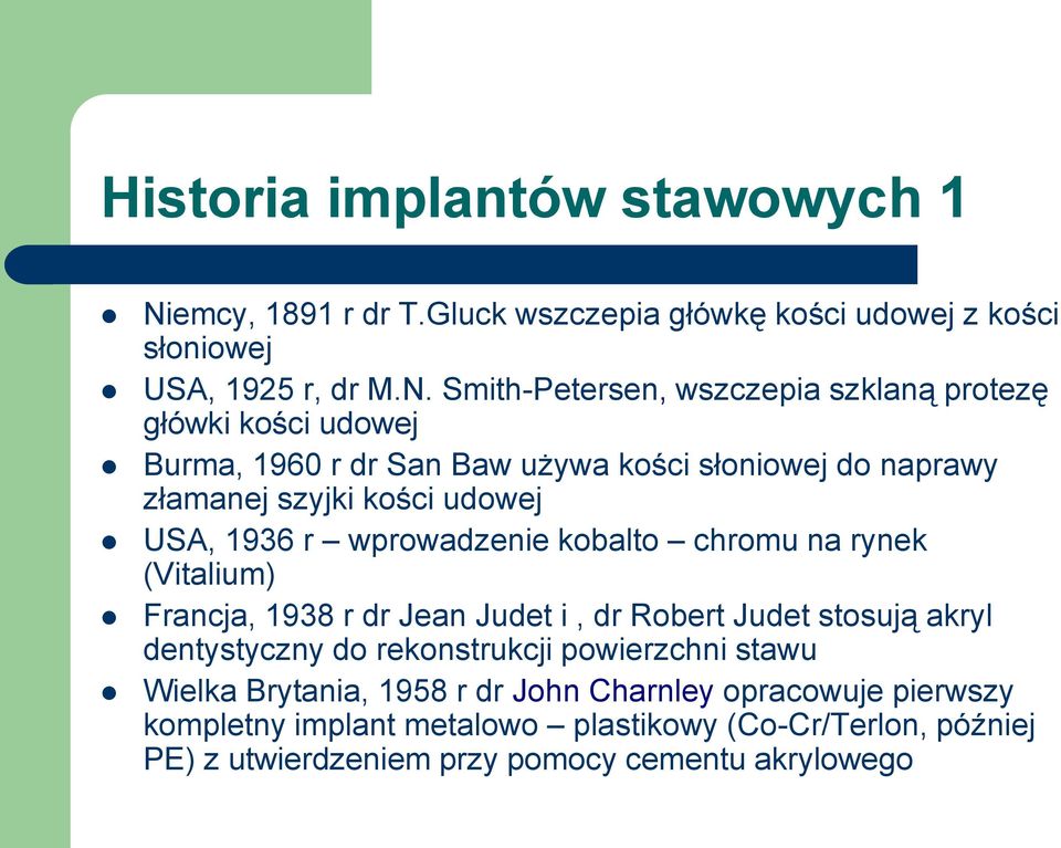 Smith-Petersen, wszczepia szklaną protezę główki kości udowej Burma, 1960 r dr San Baw używa kości słoniowej do naprawy złamanej szyjki kości udowej USA,