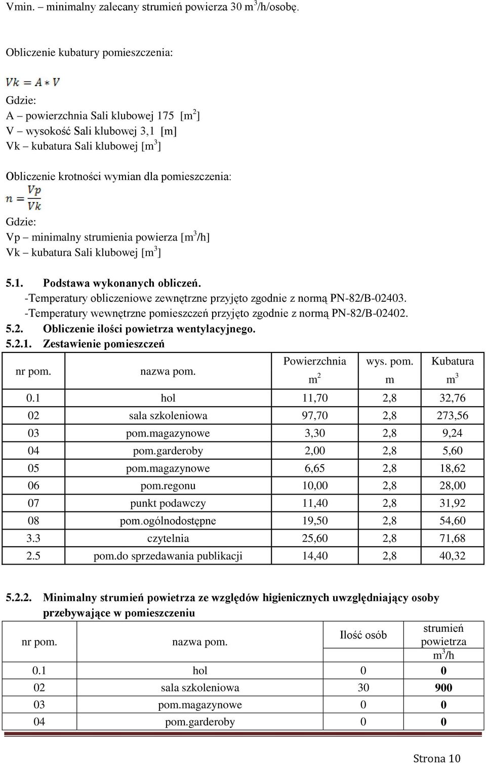 Gdzie: Vp minimalny strumienia powierza [m 3 /h] Vk kubatura Sali klubowej [m 3 ] 5.1. Podstawa wykonanych obliczeń. -Temperatury obliczeniowe zewnętrzne przyjęto zgodnie z normą PN-82/B-02403.