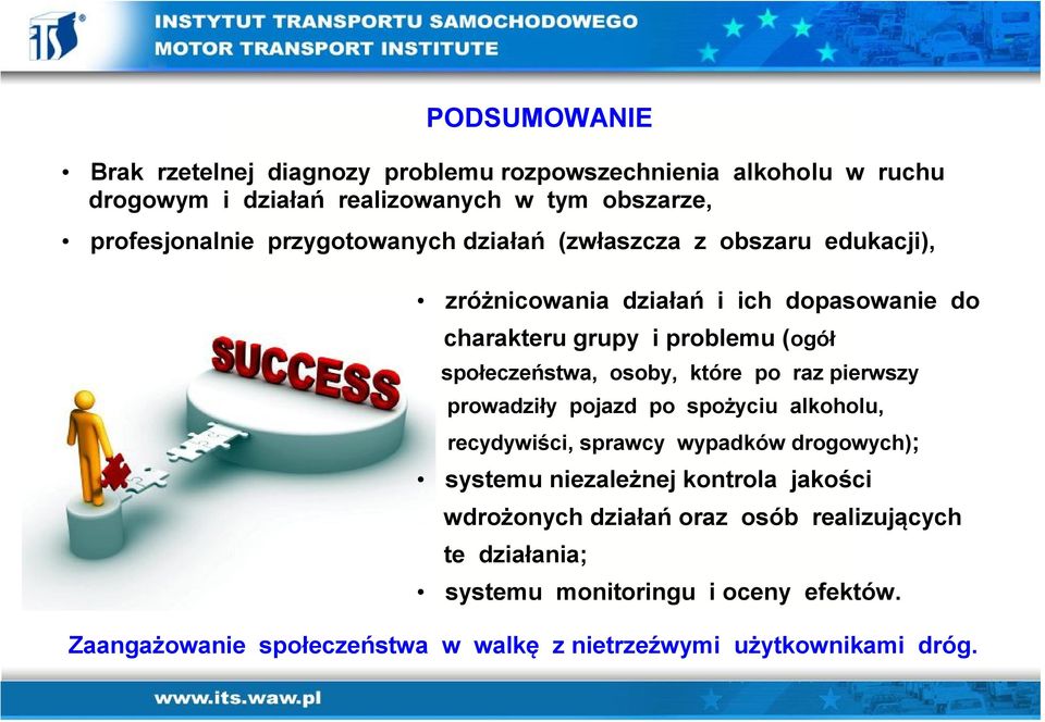 osoby, które po raz pierwszy prowadziły pojazd po spożyciu alkoholu, recydywiści, sprawcy wypadków drogowych); systemu niezależnej kontrola jakości