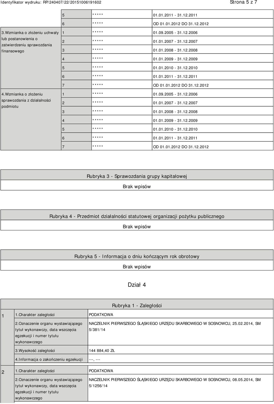 Wzmianka o złożeniu sprawozdania z działalności podmiotu 1 ***** 01.09.2005-31.12.2006 2 ***** 01.01.2007-31.12.2007 3 ***** 01.01.2008-31.12.2008 4 ***** 01.01.2009-31.12.2009 5 ***** 01.01.2010-31.