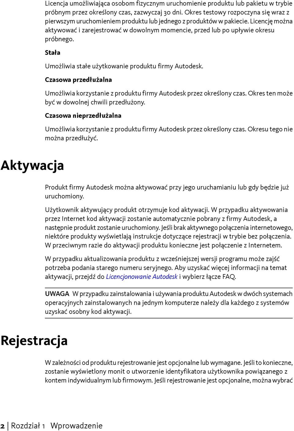 Licencję można aktywować i zarejestrować w dowolnym momencie, przed lub po upływie okresu próbnego. Stała Umożliwia stałe użytkowanie produktu firmy Autodesk.