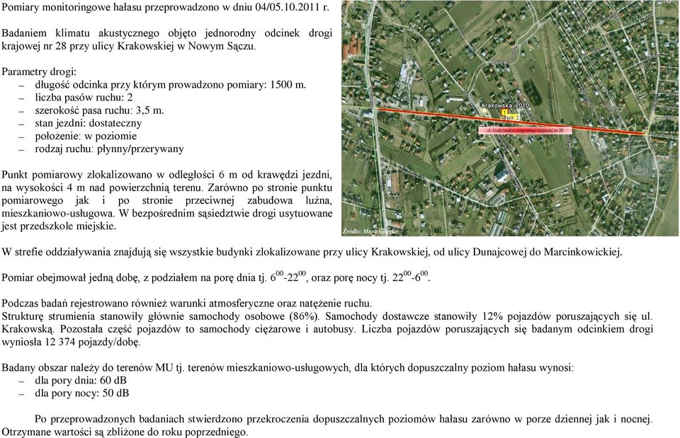 stan jezdni: dostateczny położenie: w poziomie rodzaj ruchu: płynny/przerywany Punkt pomiarowy zlokalizowano w odległości 6 m od krawędzi jezdni, na wysokości 4 m nad powierzchnią terenu.