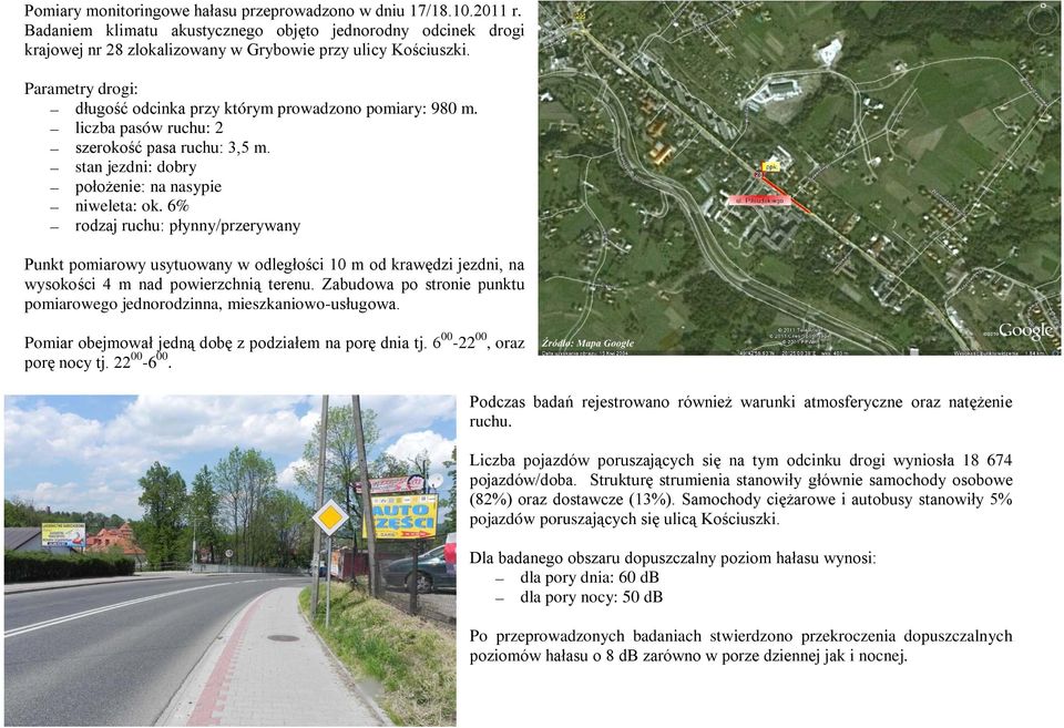 6% rodzaj ruchu: płynny/przerywany Punkt pomiarowy usytuowany w odległości 10 m od krawędzi jezdni, na wysokości 4 m nad powierzchnią terenu.