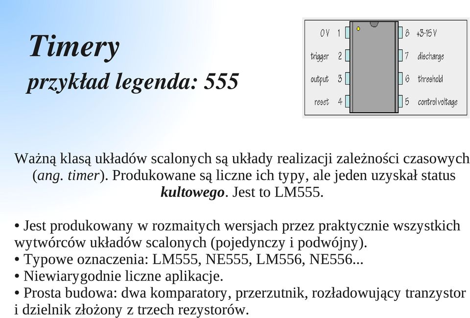 Jest produkowany w rozmaitych wersjach przez praktycznie wszystkich wytwórców układów scalonych (pojedynczy i podwójny).