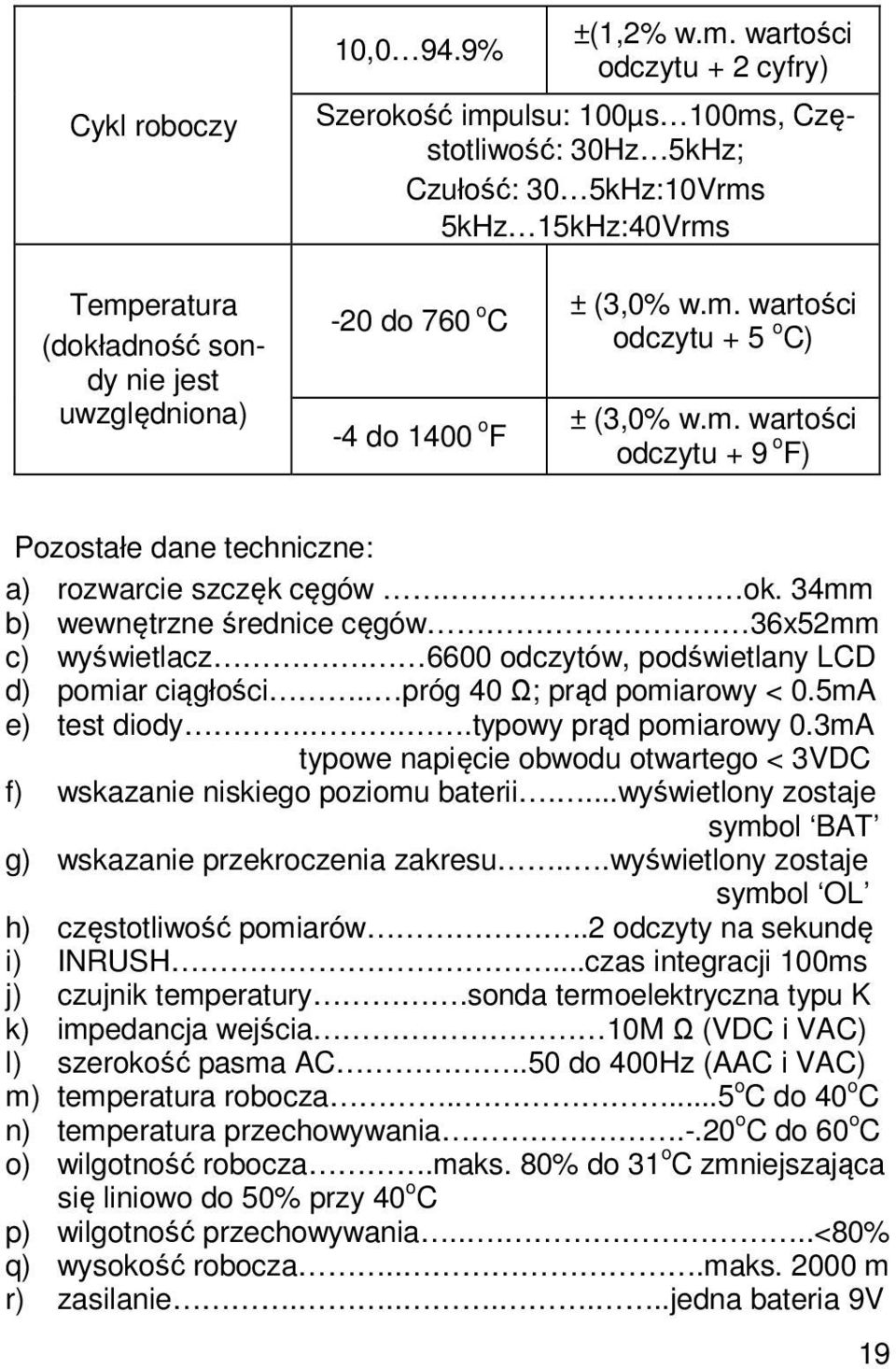 do 1400 o F ± (3,0% w.m. wartości odczytu + 5 o C) ± (3,0% w.m. wartości odczytu + 9 o F) Pozostałe dane techniczne: a) rozwarcie szczęk cęgów. ok.