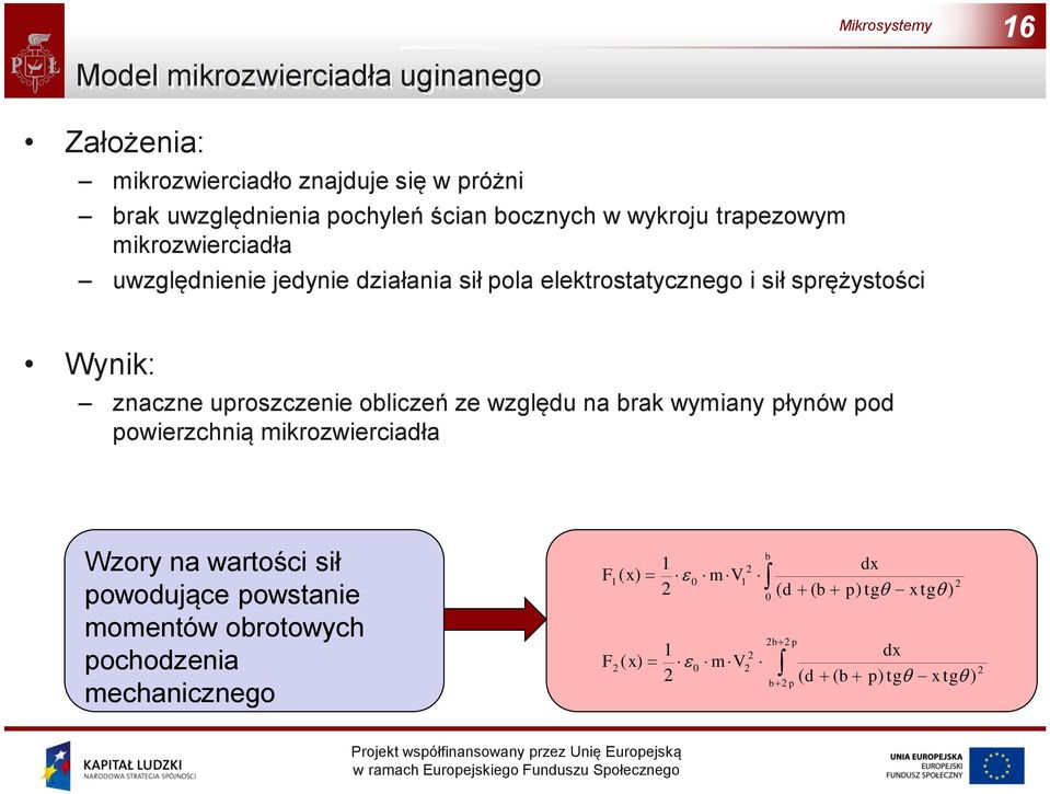 uproszczenie obliczeń ze względu na brak wymiany płynów pod powierzchnią mikrozwierciadła Wzory na wartości sił powodujące powstanie