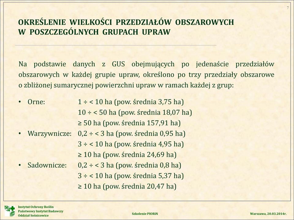 10 ha (pow. średnia 3,75 ha) 10 < 50 ha (pow. średnia 18,07 ha) 50 ha (pow. średnia 157,91 ha) Warzywnicze: 0,2 < 3 ha (pow.