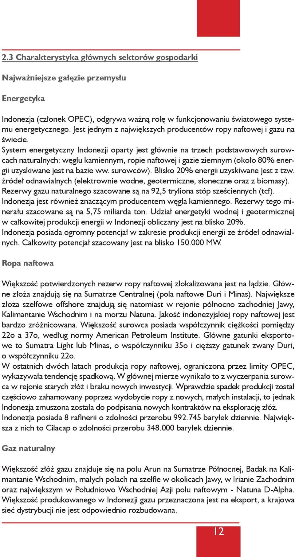 System energetyczny Indonezji oparty jest głównie na trzech podstawowych surowcach naturalnych: węglu kamiennym, ropie naftowej i gazie ziemnym (około 80% energii uzyskiwane jest na bazie ww.