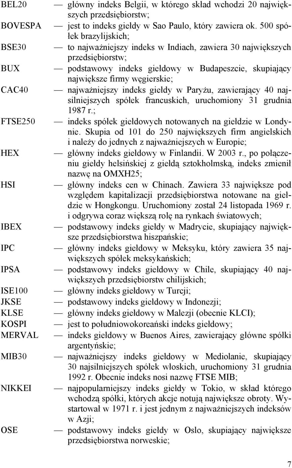 500 spółek brazylijskich; to najważniejszy indeks w Indiach, zawiera 30 największych przedsiębiorstw; podstawowy indeks giełdowy w Budapeszcie, skupiający największe firmy węgierskie; najważniejszy