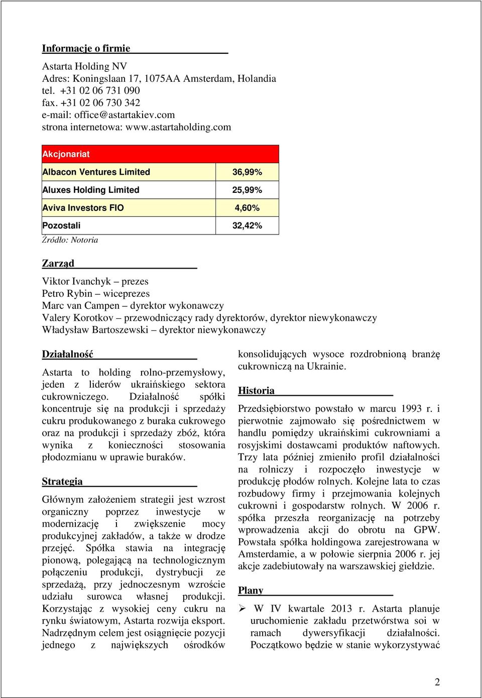 com Akcjonariat Albacon Ventures Limited 36,99% Aluxes Holding Limited 25,99% Aviva Investors FIO 4,60% Pozostali 32,42% Zarząd Viktor Ivanchyk prezes Petro Rybin wiceprezes Marc van Campen dyrektor