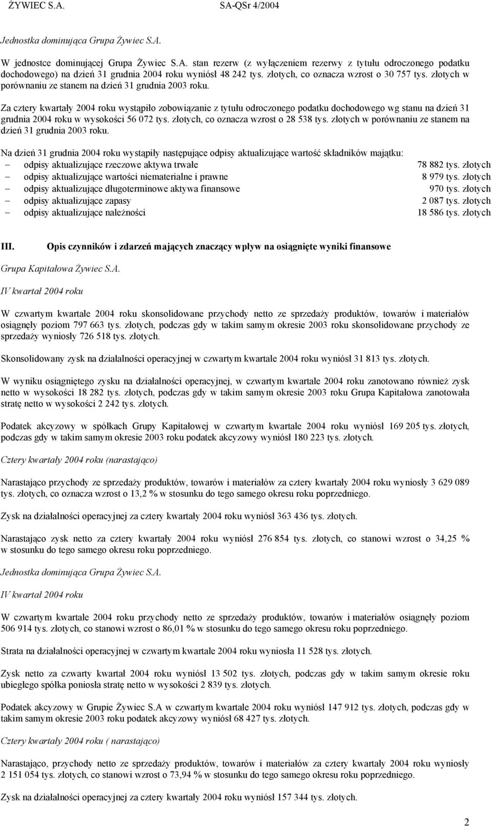 Za cztery kwartały 2004 roku wystąpiło zobowiązanie z tytułu odroczonego podatku dochodowego wg stanu na dzień 31 grudnia 2004 roku w wysokości 56 072 tys. złotych, co oznacza wzrost o 28 538 tys.