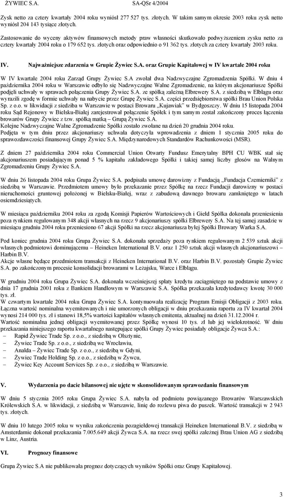 złotych za cztery kwartały 2003 roku. IV. Najważniejsze zdarzenia w Grupie Żywiec S.A. oraz Grupie Kapitałowej w IV kwartale 2004 roku W IV kwartale 2004 roku Zarząd Grupy Żywiec S.